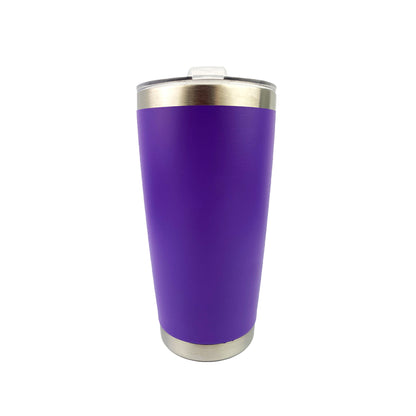 Purple tumbler with white background. 