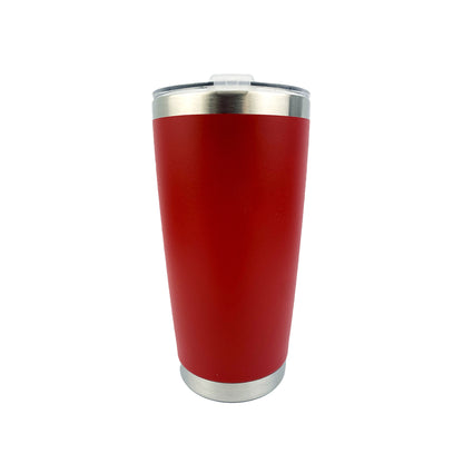 Red tumbler with white background. 