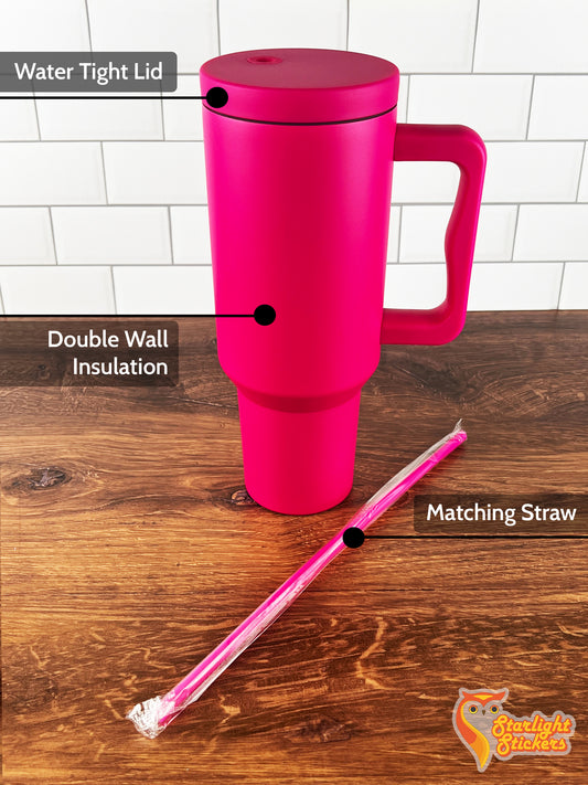 Tumbler features, water tight lid, double wall insulation, matching color straw. 