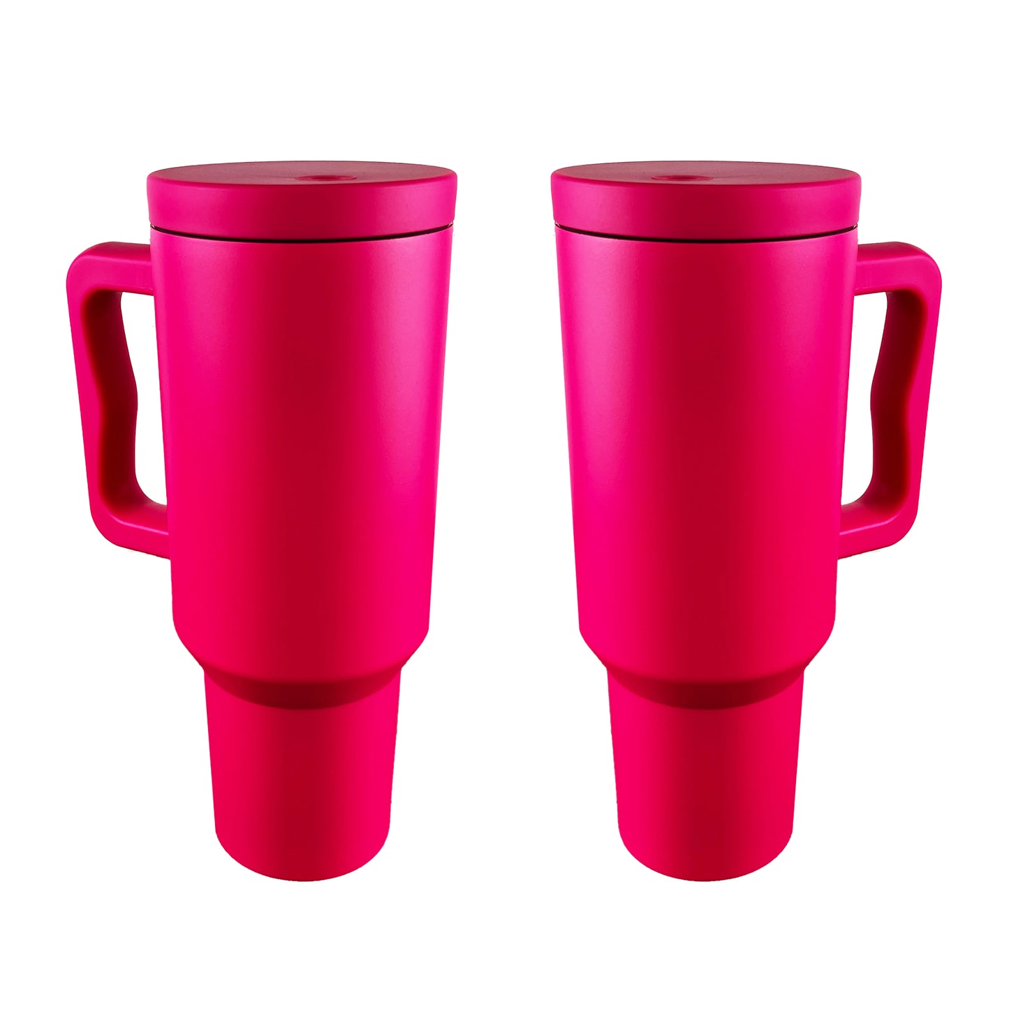 2 hot pink tumblers on a white background. 