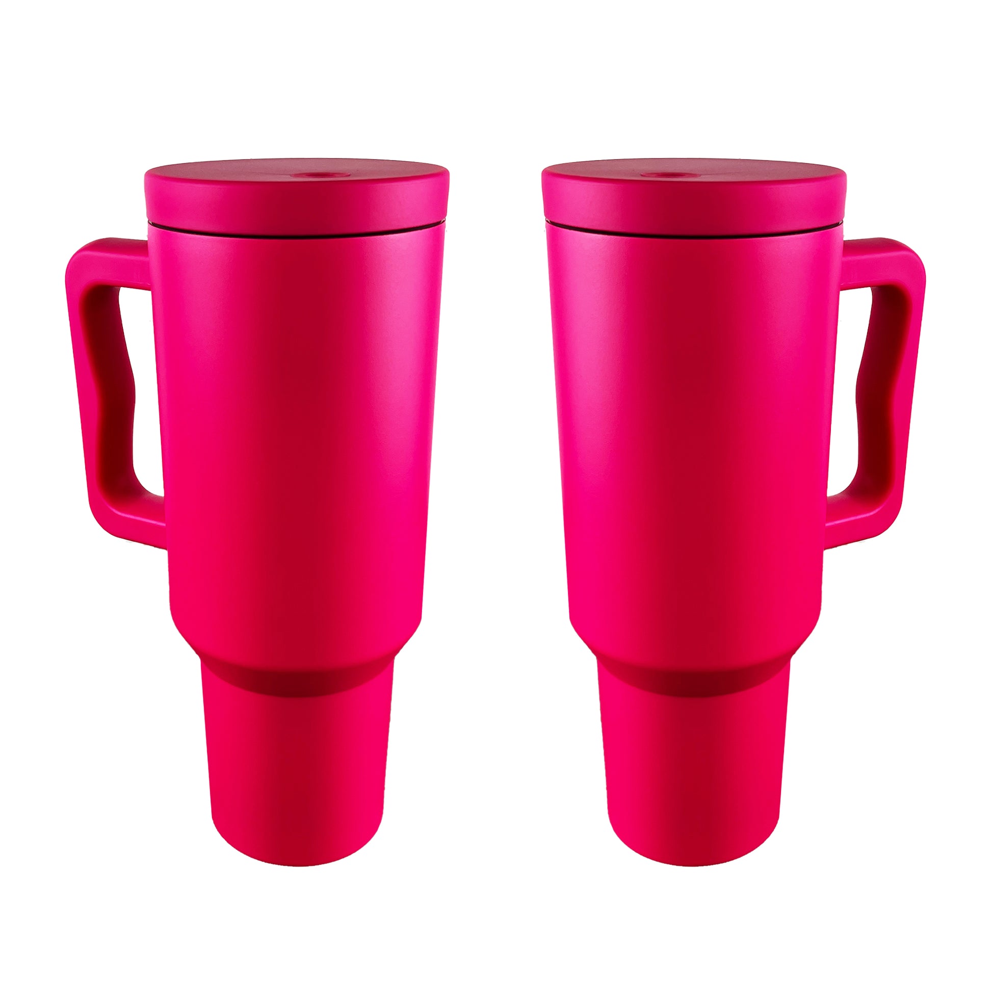 2 hot pink tumblers on a white background. 