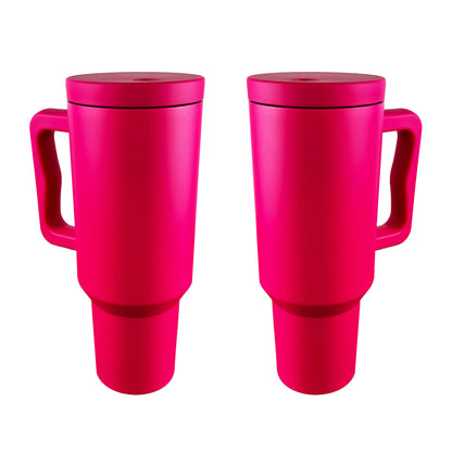 2 hot pink tumblers on a white background. 