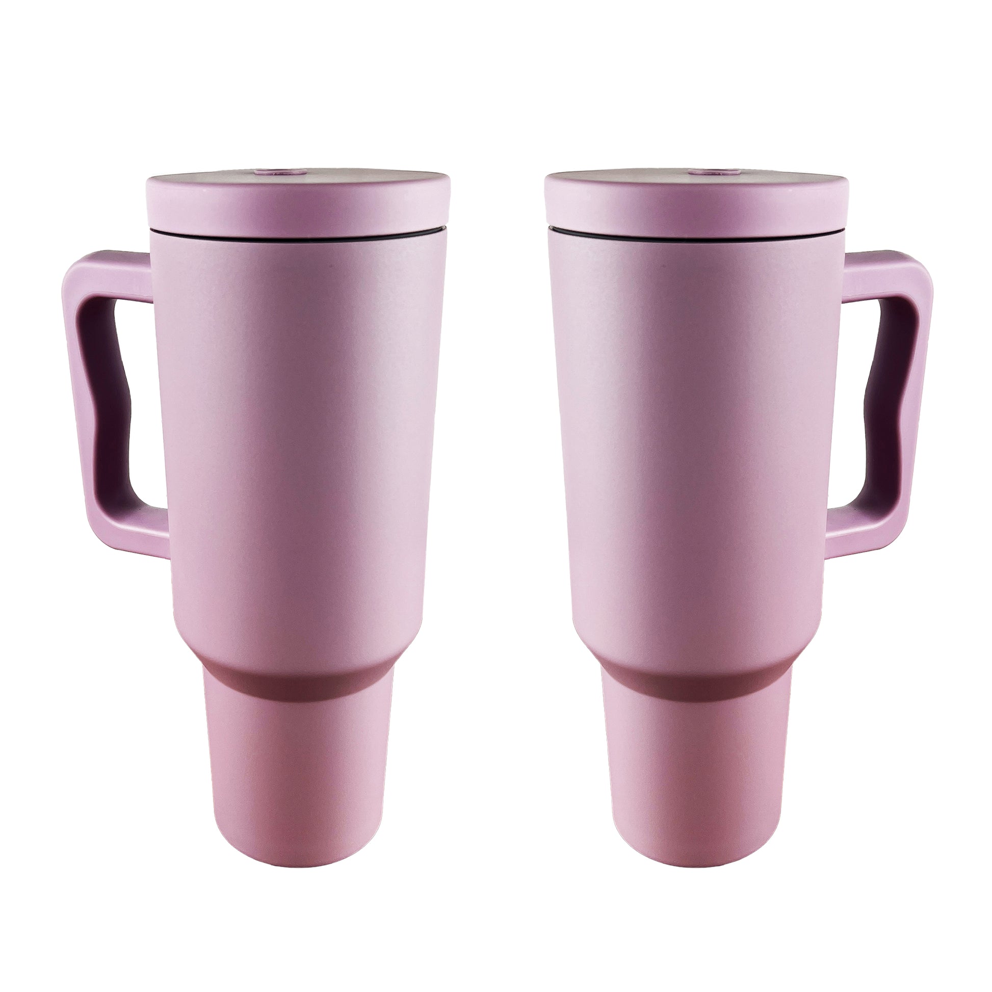 2 lavender tumblers on a white background. 