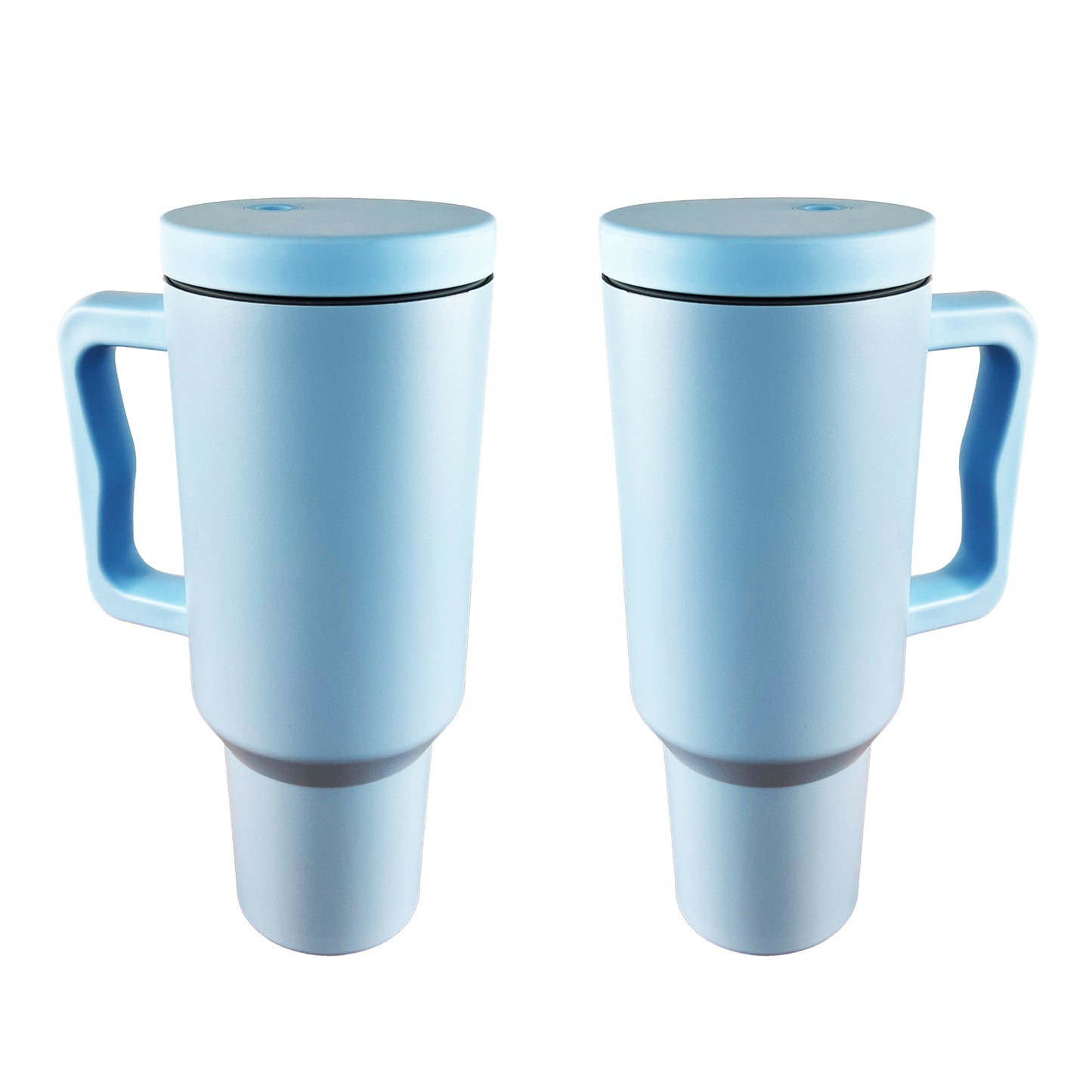 2 light blue tumblers on a white background. 