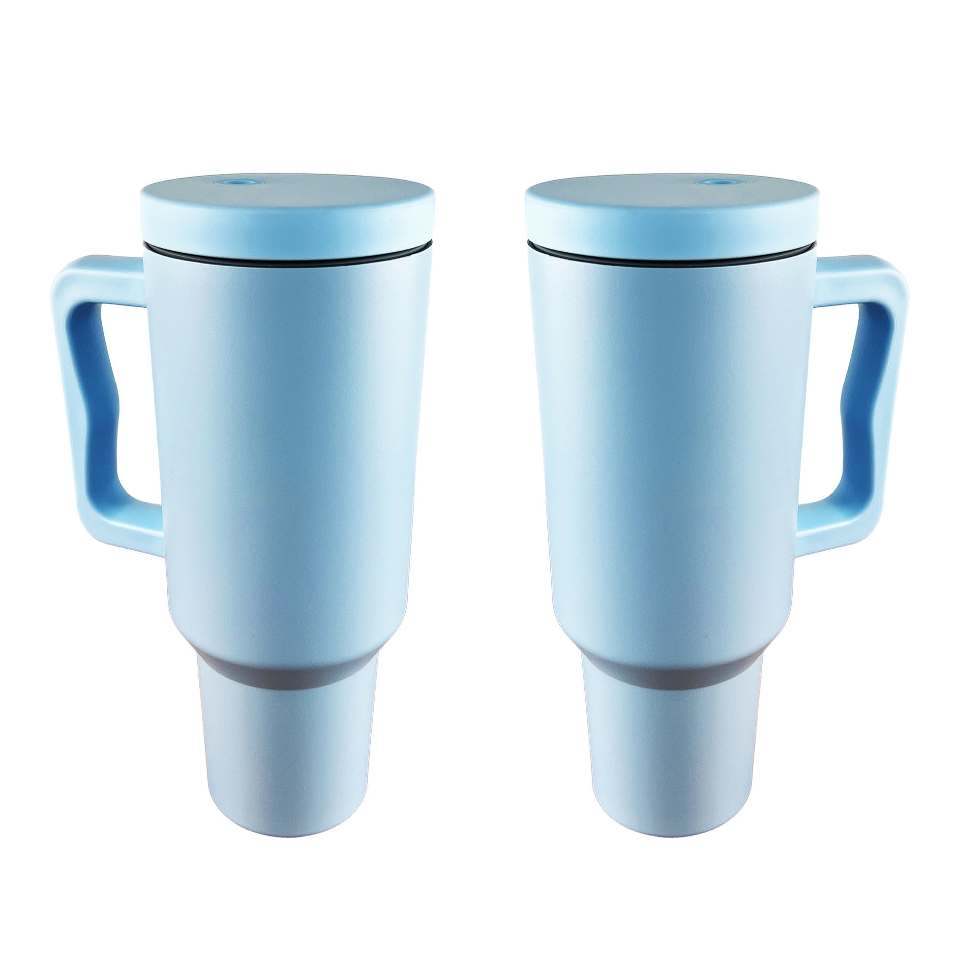 2 light blue tumblers on a white background. 