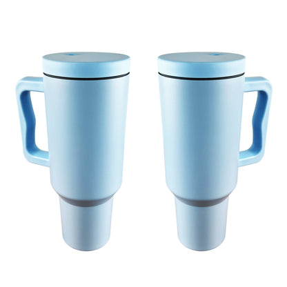 2 light blue tumblers on a white background. 