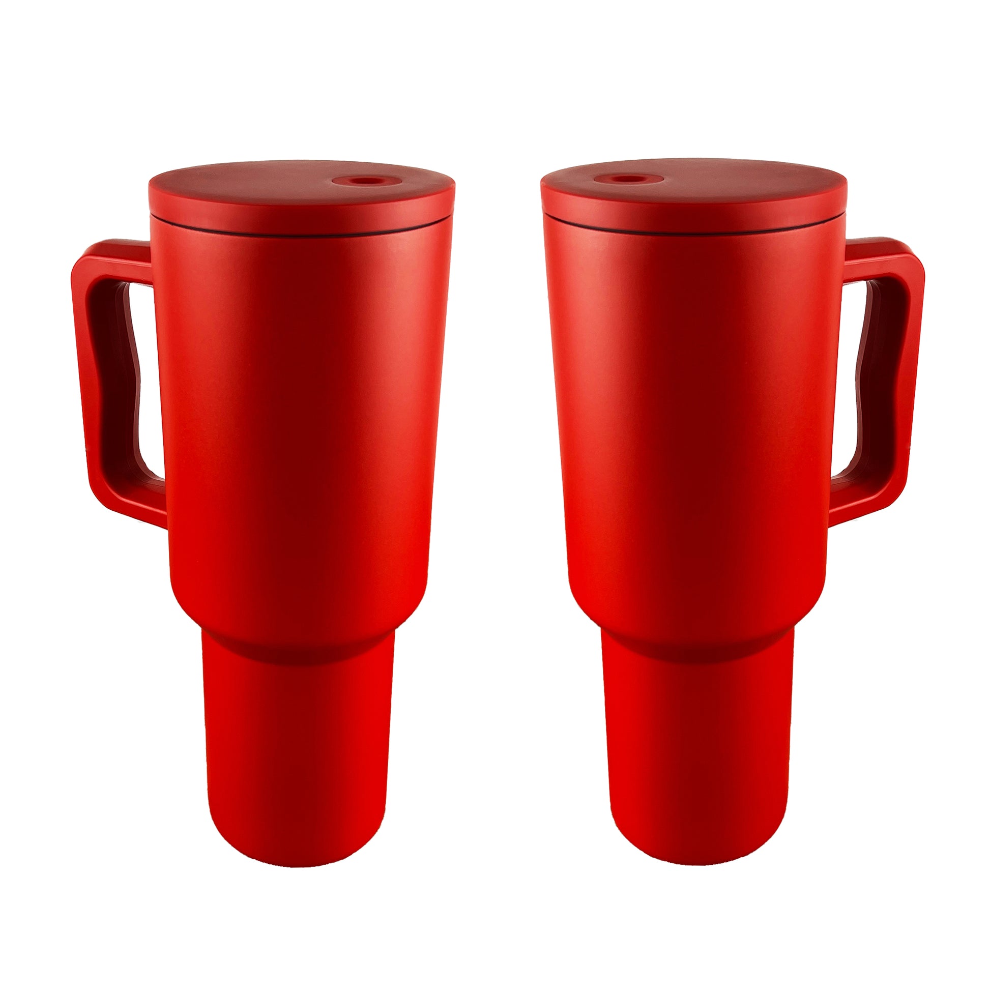 2 red tumblers on a white background . 