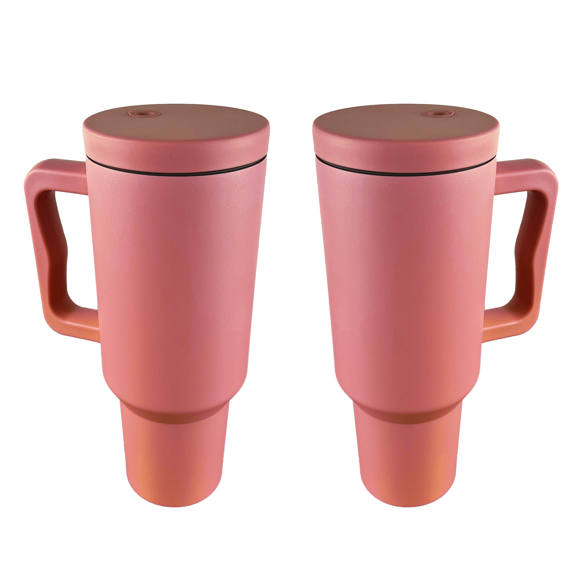 2 rose pink tumblers on a white background. 