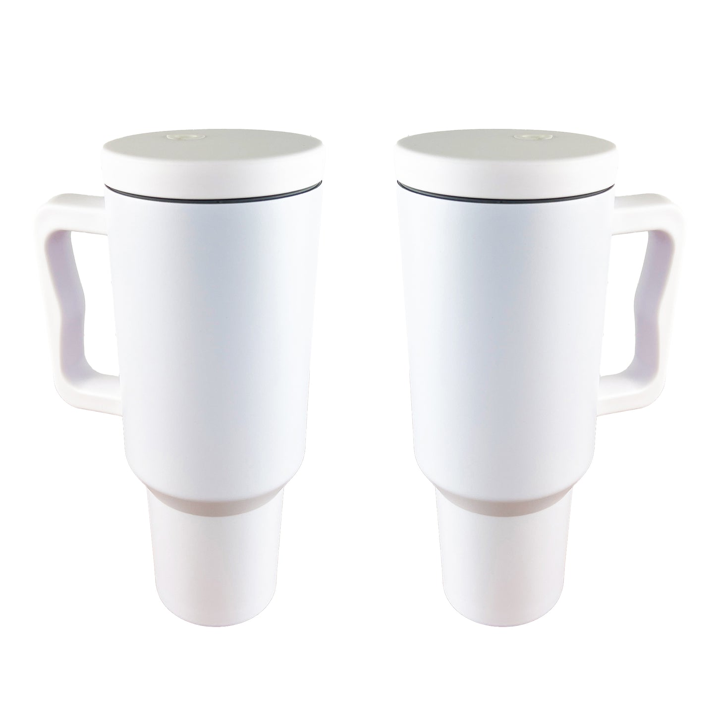 2 white tumblers on a white background. 