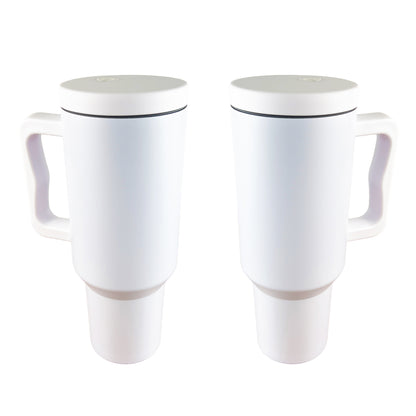 2 white tumblers on a white background. 