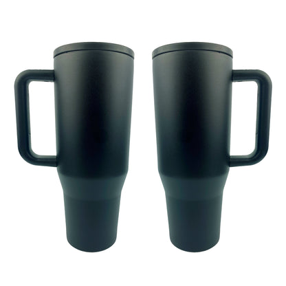 2 black tumblers with a white background. 