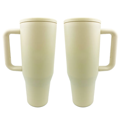 2 cream tumblers with a white background. 