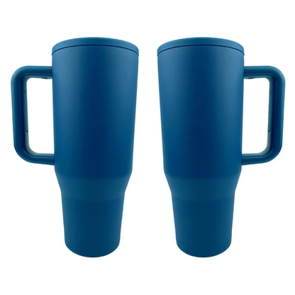 2 indigo tumblers with a white background. 