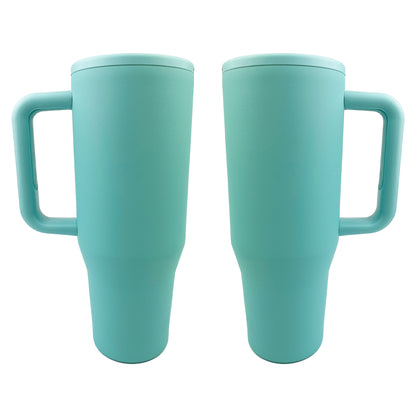 2 teal tumblers with a white background. 