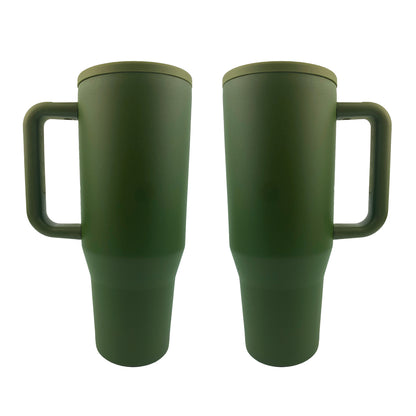 2 olive green tumblers with a white background. 