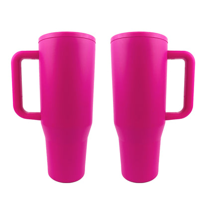 2 pink tumblers with a white background. 