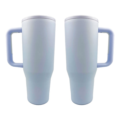 2 sky blue tumblers with a white background. 