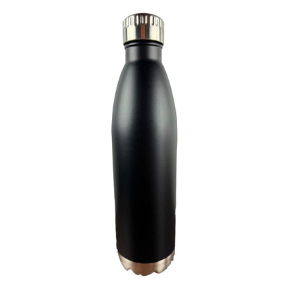 Black water bottle with a white background. 