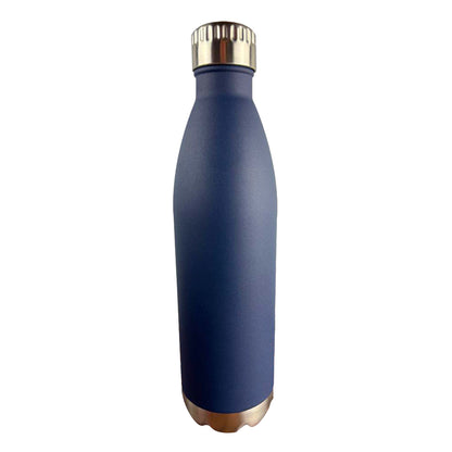 Navy blue water bottle with a white background. 