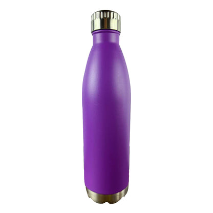 Purple water bottle with a white background. 