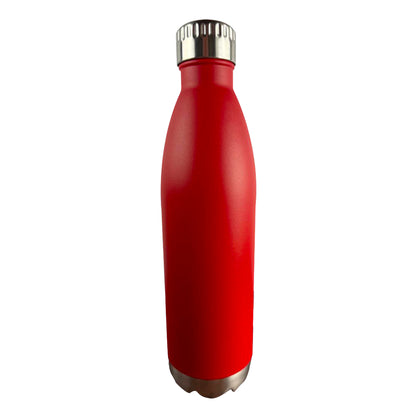 Red water bottle with a white background. 