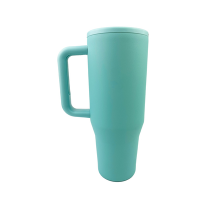 Teal tumbler with a white background. 