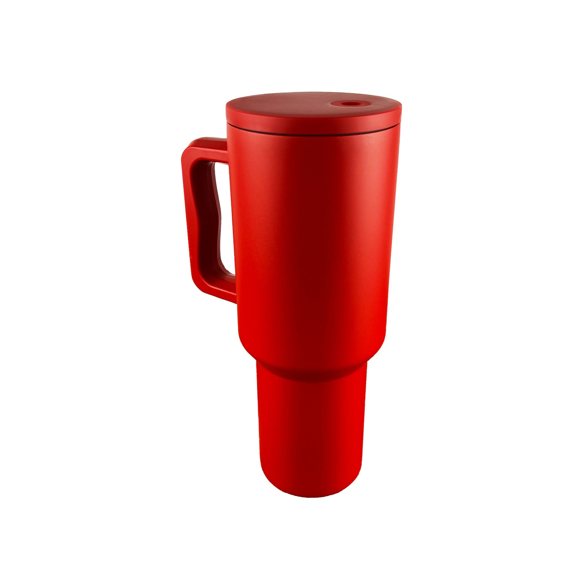 Red tumbler on a white background. 