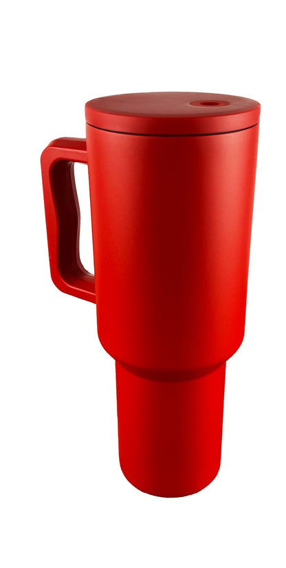 Red tumbler with a white background. 