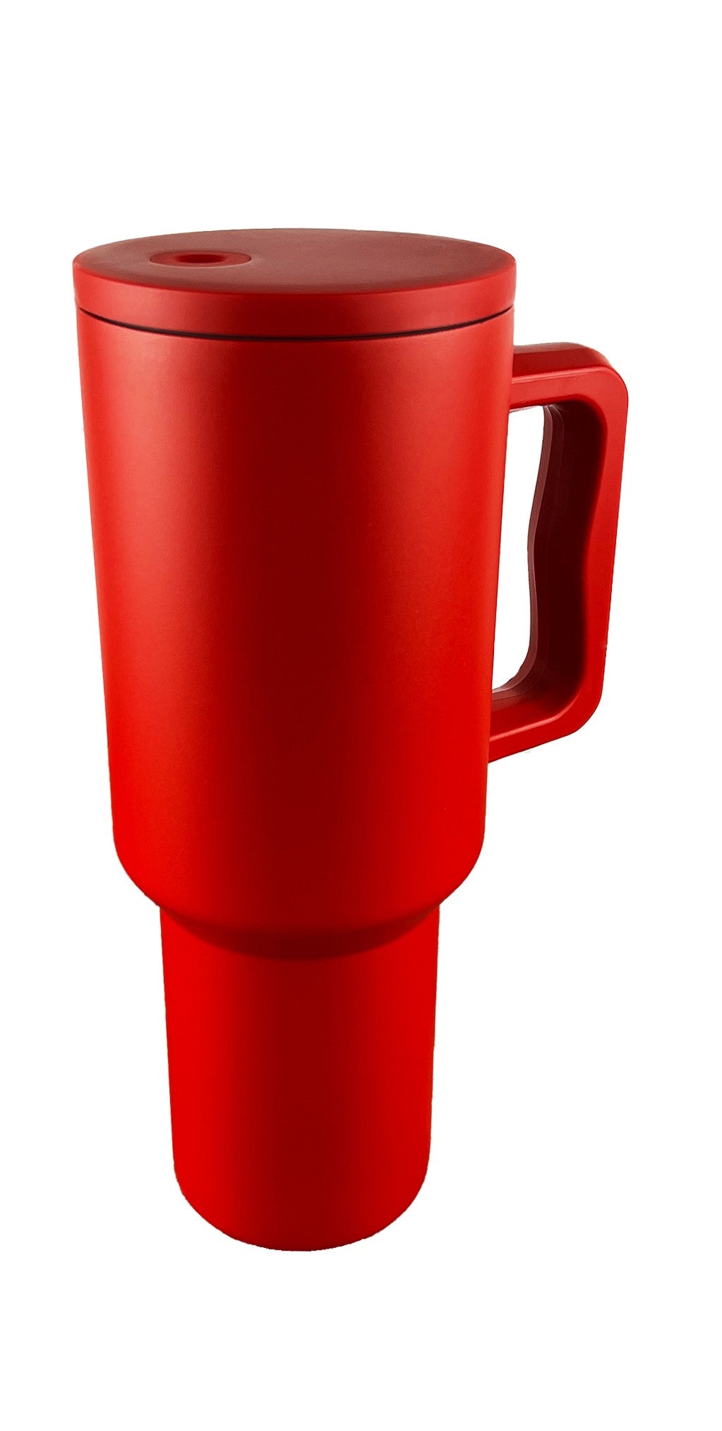 Red tumbler with a white background. 