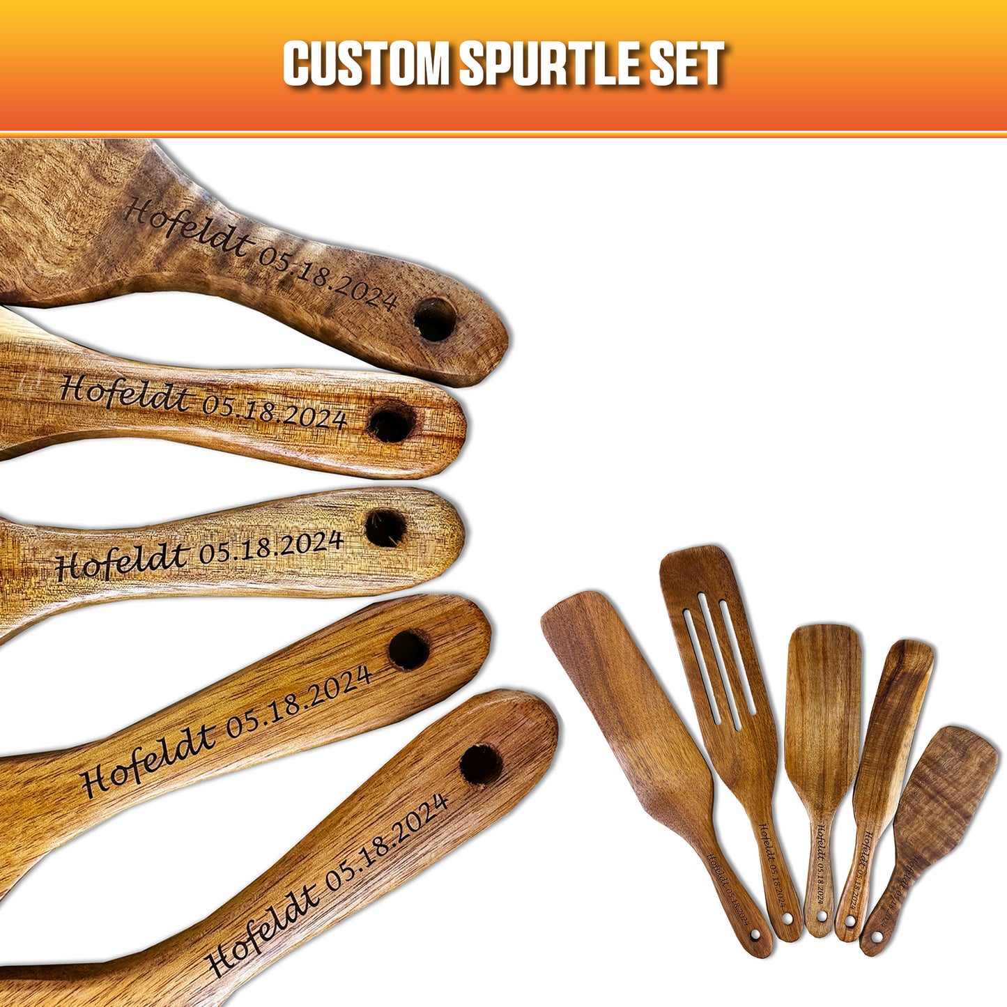 Custom spurtle set, featuring all 5 sizes of spurtle in the set. 